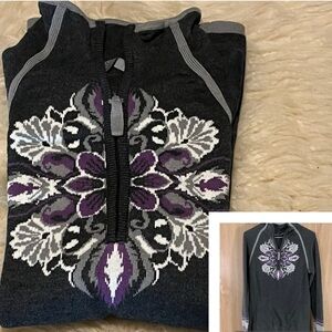 Pullover Knit 1/4 Zip Dark Gray Purple Floral Sweater